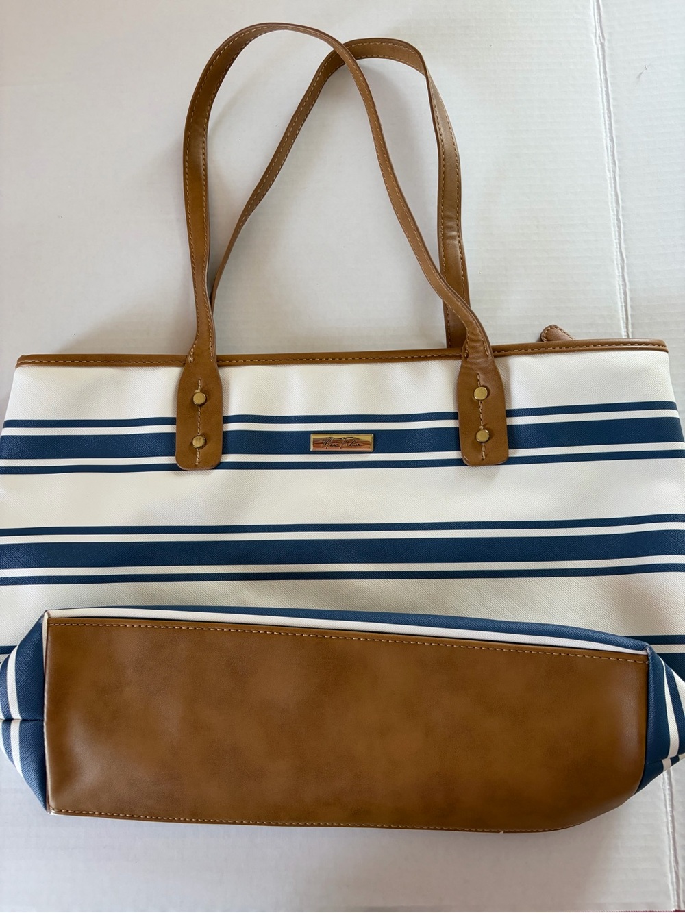 Marc Fisher Navy & White Striped Tote with Tan Trim